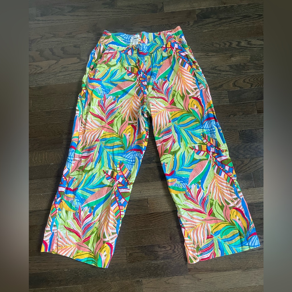 C&C California Wide Leg Resort Linen Tweed Pants Floral Women's Sz L Hawaiian